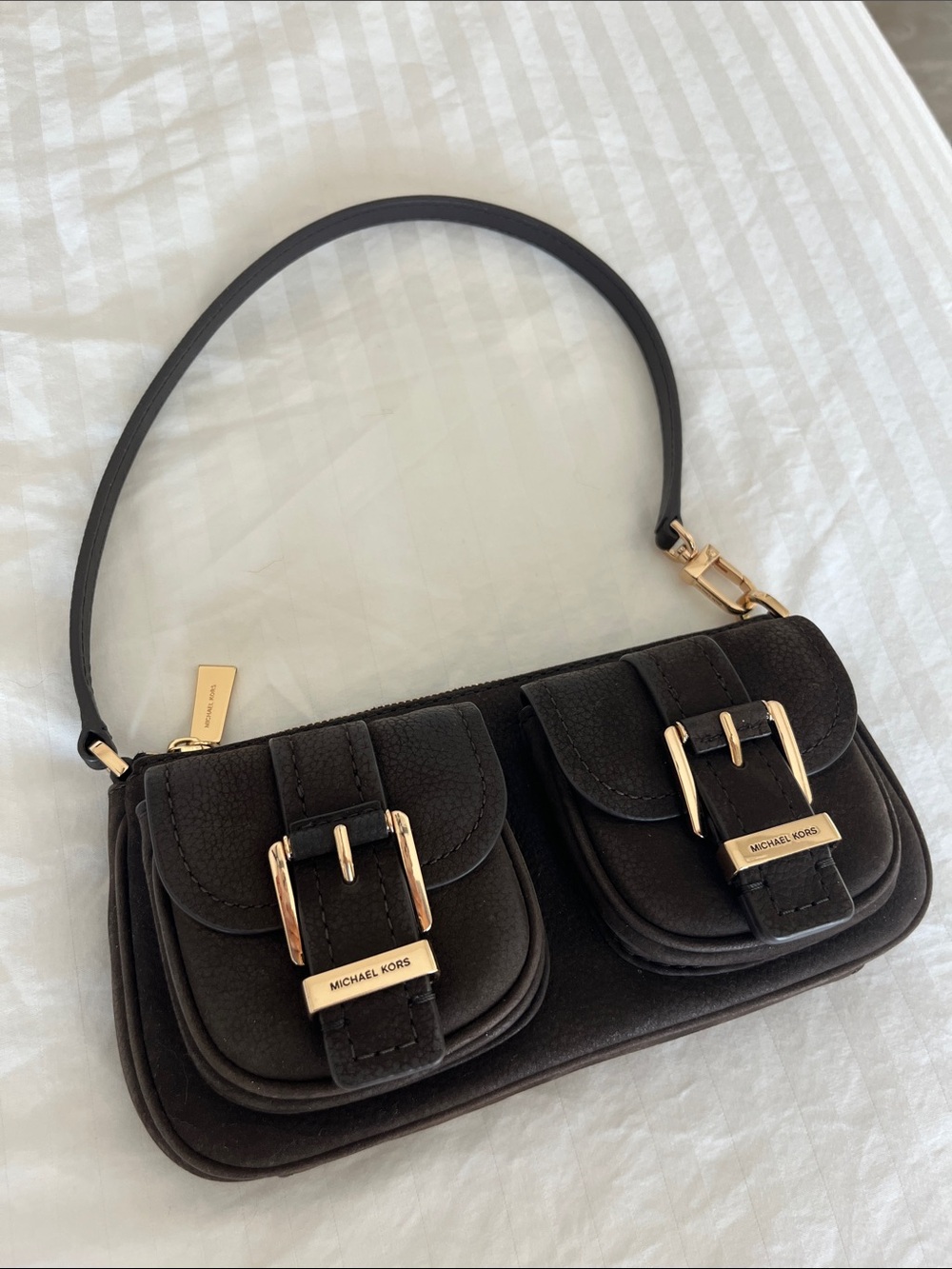 Michael Kors Black Leather Dual-Pocket Shoulder Bag with Gold Hardware